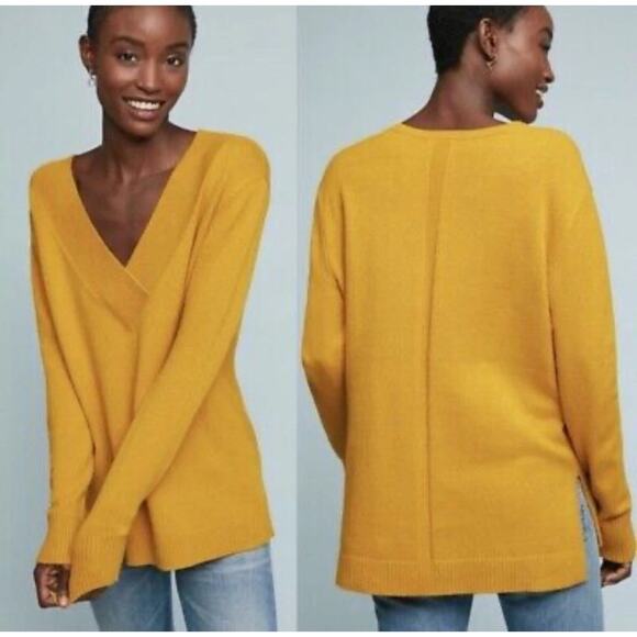 Anthropologie Mustard Yellow Long Sleeve V-Neck Pullover Sweater Size Small - Picture 1 of 5